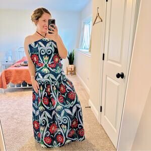 De Loreta Blue Halter Floral Red Maxi Dress XS